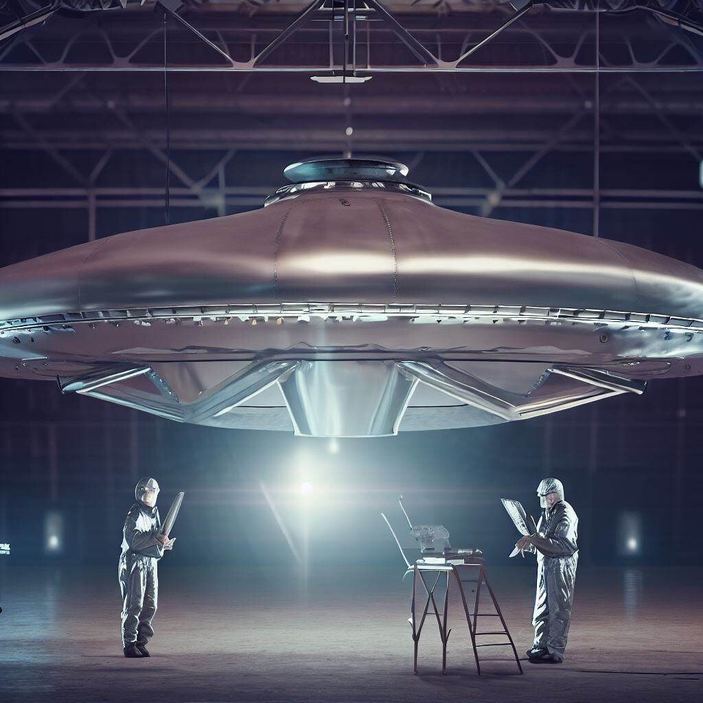 Flying saucer examined by two scientists in a hangar.