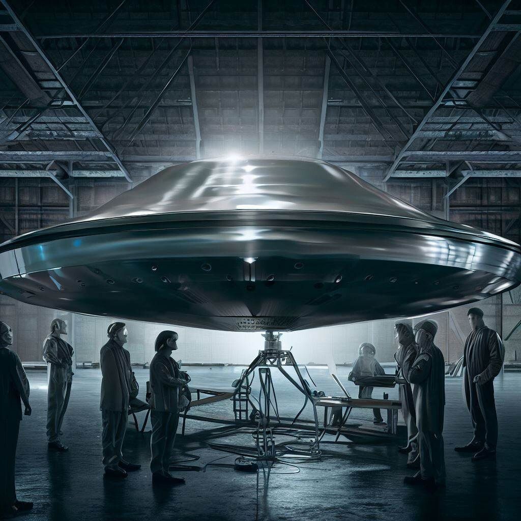 Several scientists examine a metallic ufo in a hangar.