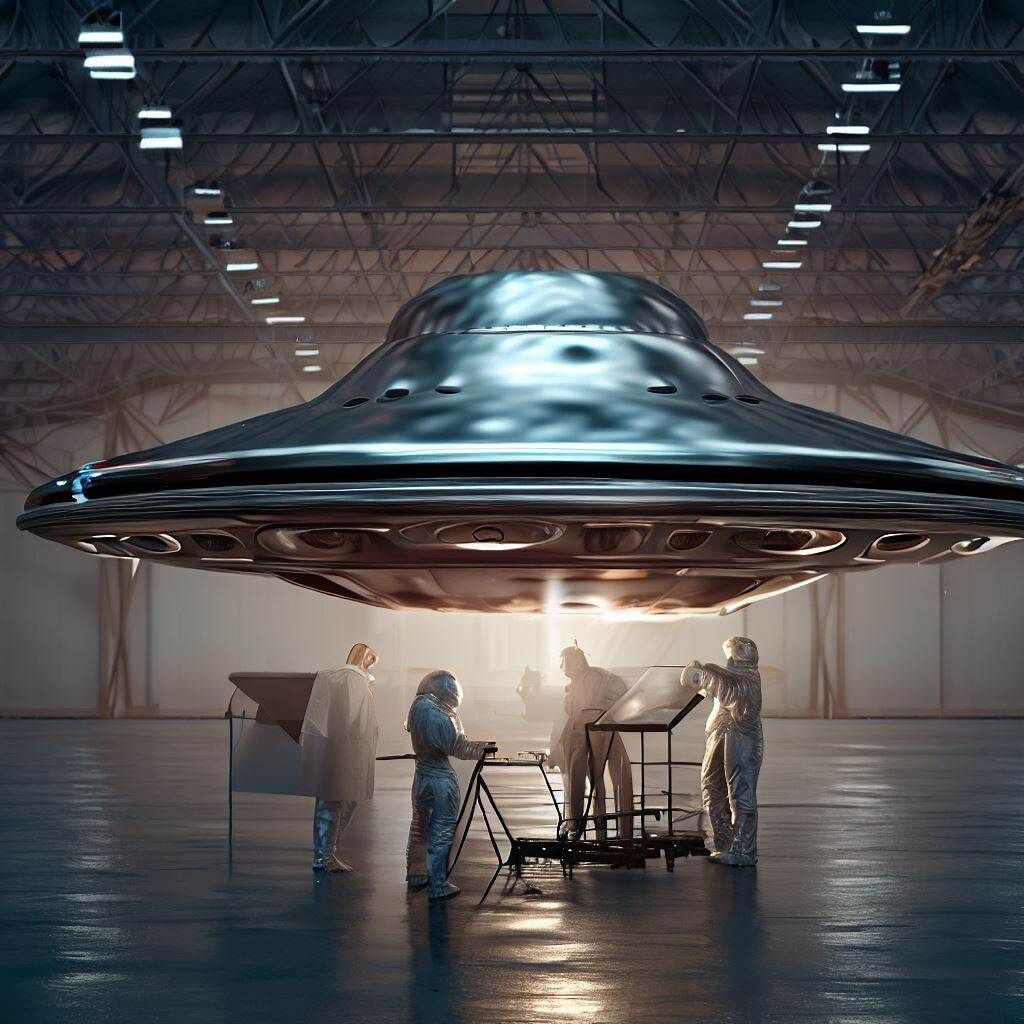 A metallic ufo in a hangar.