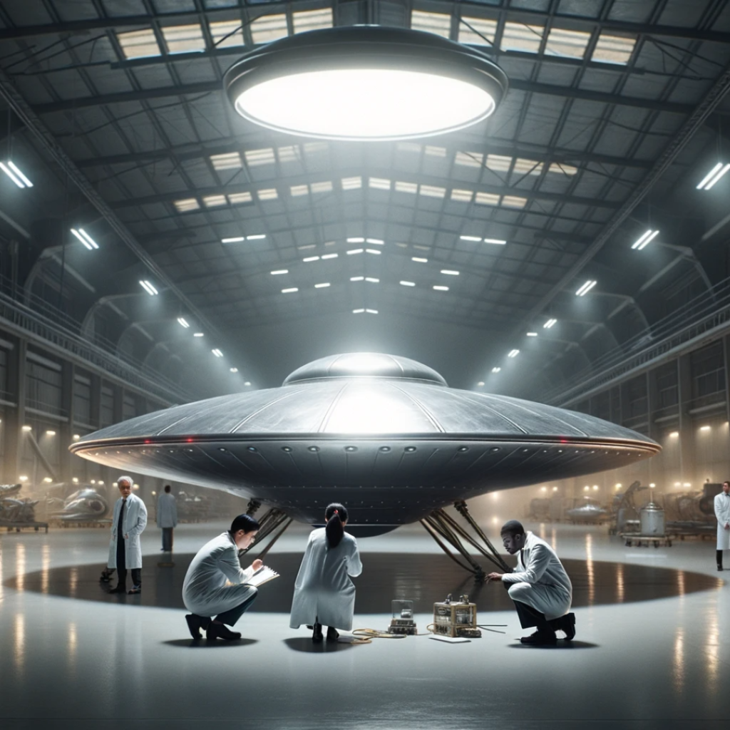 Photo of a gleaming metallic UFO positioned in the center of an Area 51 hangar. The hangar is spacious with high ceilings, dim lighting, and various equipment scattered around. Three scientists, one Asian female, one Caucasian male, and one African male, all in white coats, are closely examining the UFO with instruments and notepads in hand.
