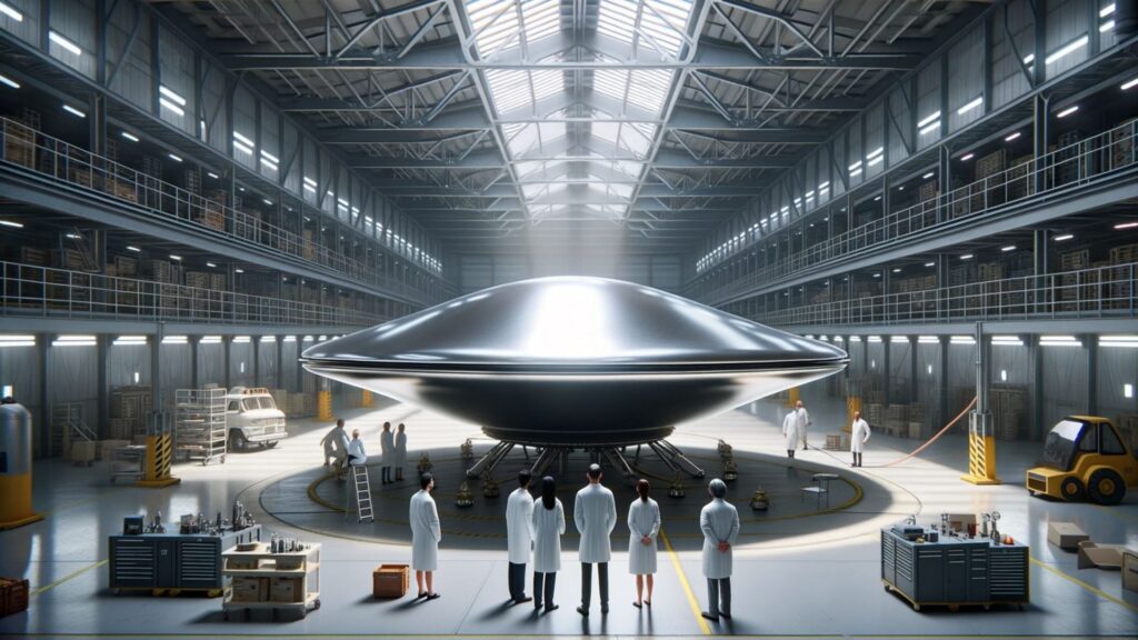 Photorealistic image of a shiny, circular UFO resting on a platform inside a vast Area 51 hangar. The walls of the hangar are lined with tools and machinery. Three scientists, one Hispanic female, one Caucasian male, and one Middle Eastern male, wearing white lab coats, are observing the UFO, discussing their findings.