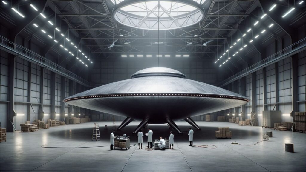 Photo depicting a large metallic UFO with a smooth surface, housed inside a hangar at Area 51. The hangar has concrete floors and large lights hanging from the ceiling. Three scientists, one African female, one Caucasian male, and one Asian male, all dressed in white coats, are around the UFO, using various devices to study its structure.