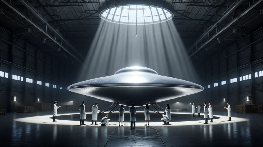 Photorealistic depiction of a UFO with a polished metallic finish, stationed in a hangar at Area 51. The hangar is dimly lit, with shadows casting eerie silhouettes. Three scientists, one Middle Eastern female, one Caucasian male, and one Hispanic male, in crisp white lab coats, are intently analyzing the UFO, taking notes and measurements.