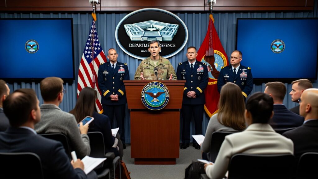 Photo of a press conference setting with the Department of Defense emblem in the background. A spokesperson, flanked by military officials of various genders and descents, addresses the media about the department's stance on UAPs. Reporters are seen taking notes and raising questions.