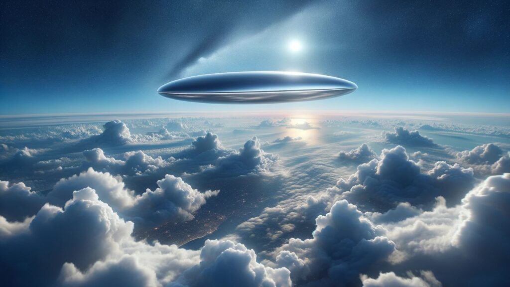 Photorealistic image of an expansive blue sky adorned with ethereal white clouds. In the distance, an elliptical metallic UAP floats gracefully, its elongated form reflecting the sunlight and casting faint shadows on the surrounding clouds.