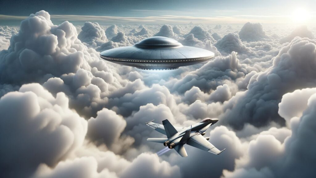 Realistic depiction of a sky blanketed with thick clouds. Floating among these clouds is a metallic UFO with a gleaming surface. In pursuit, an F-18 plane flies, its wings cutting through the air with precision.