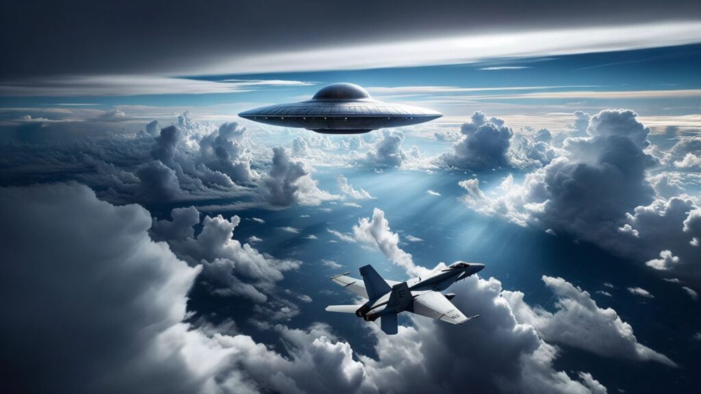 Image capturing the expanse of a cloudy sky where patches of blue peek through. Dominating the scene is a metallic UFO, hovering with an air of mystery. An F-18 plane, with its powerful engines roaring, follows closely behind the UFO.