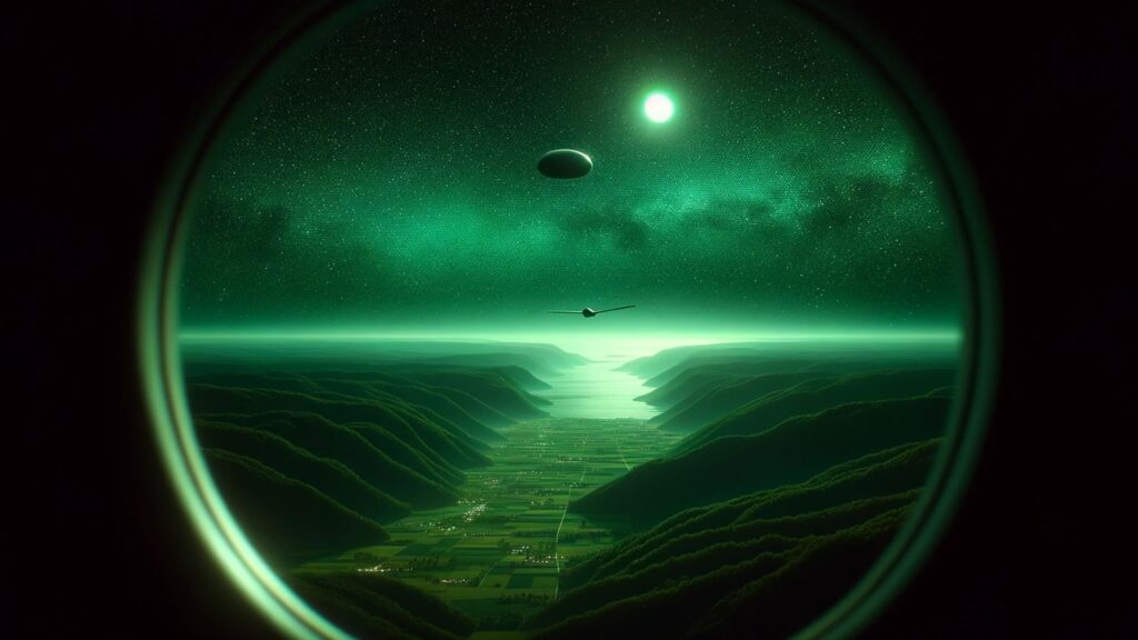 4K ultra-realistic photo: As viewed through Night Vision Goggles, the peaceful ambiance of the night is cast in a distinctive green hue. Contrasting this serene backdrop, a distant spherical UAP hovers, adding an element of mystery and wonder to the scene.