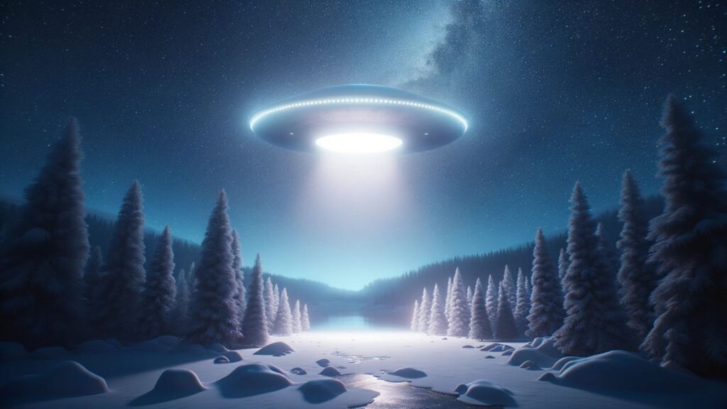 4K ultra-realistic photograph capturing a tranquil night scene. A UFO hovers in the sky, emitting a soft glow. This light bathes the snow-covered ground below, adding a touch of otherworldly beauty to the serene landscape.