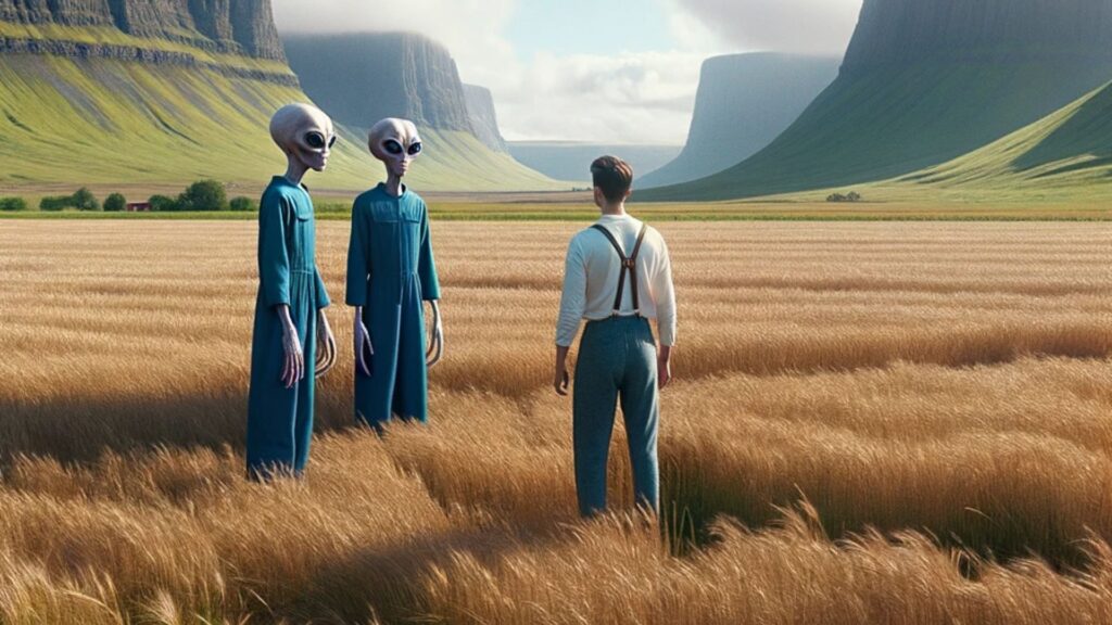 Photo-realistic image of a vast field with tall mountains forming a picturesque backdrop. Two aliens, dressed in blue overalls, are outside the craft. They appear to be greeting a human, who stands facing them, embodying a blend of astonishment and interest.