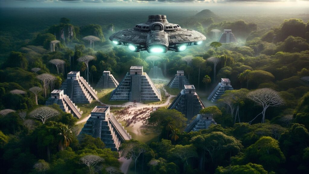 Photo of a vast ancient Mayan city covered in dense jungle foliage. Towering stone temples peek through the trees. In the main square, various Mayan leaders and warriors gather, their eyes fixed on a hovering alien spaceship that emits a radiant glow, contrasting with the darkening jungle.