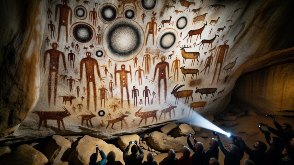 Photo of an ancient cave wall adorned with prehistoric paintings. Amidst the typical drawings of animals and hunters, there's a peculiar artwork showing tall figures with elongated heads and limbs, surrounded by circular objects in the sky. A flashlight illuminates these drawings as a diverse group of anthropologists examine them with curiosity.