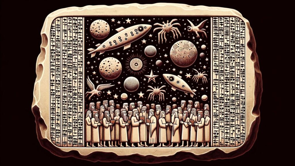 Illustration of an ancient Sumerian clay tablet. It showcases cuneiform script detailing legends and myths, but among them is a depiction of a starry sky with peculiar celestial bodies and beings descending from them. Nearby, a diverse group of scholars is portrayed, trying to decipher the potential message of alien contact.