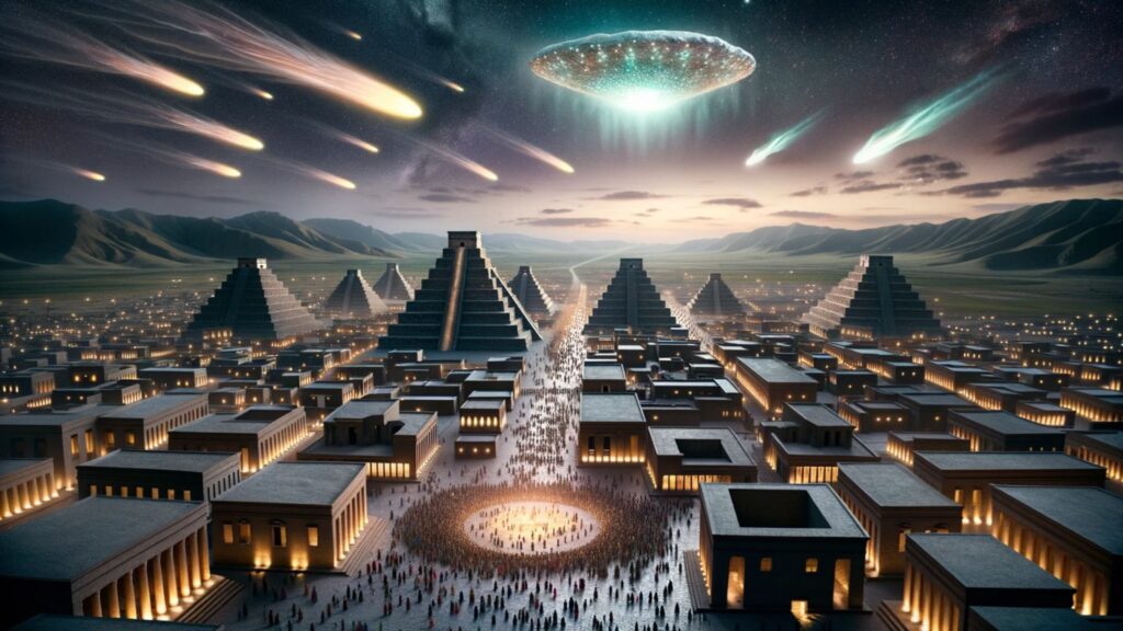 Photo of a sprawling ancient Mesopotamian city at dusk. Ziggurats and stone buildings dominate the landscape. In the central plaza, diverse city inhabitants gather, looking up in astonishment. Above them, a celestial event is unfolding: multiple comets streak across the sky, and a large unidentified flying object, glowing with ethereal light, hovers over the city.