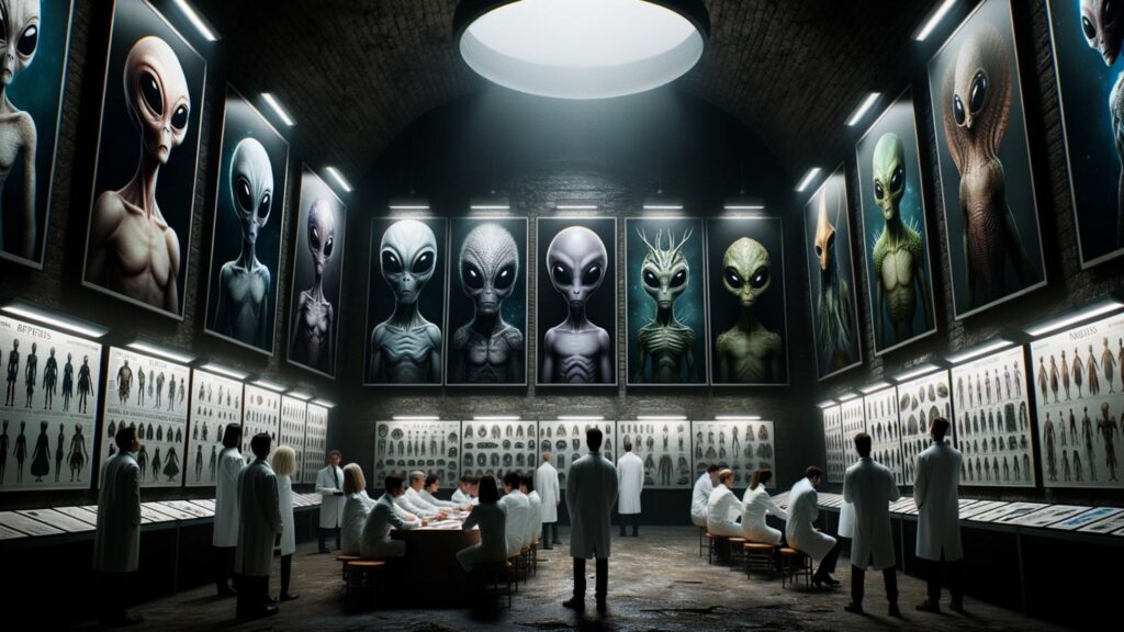 Photo of a dimly lit underground facility, resembling a secret archive. On the walls, there are large, detailed posters displaying various alien species. One poster showcases the 'Greys' with their characteristic large black eyes and slender bodies. Another displays the 'Nordics', tall beings with pale skin and ethereal beauty. Next, there's a poster of 'Reptilians', green-scaled creatures with piercing eyes. Diverse researchers in lab coats are studying these posters, taking notes and discussing their findings.