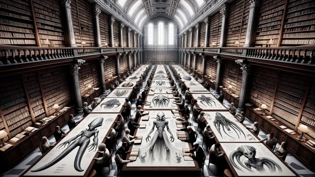 Photo of an expansive library with walls lined with books and scrolls. In the center, there's a large table with open books showcasing detailed illustrations of various alien species. The 'Greys' are sketched with precision, highlighting their unique anatomy. The 'Nordics' are depicted with elegance and the 'Reptilians' with intensity. Diverse scholars sit around the table, deeply engrossed in their research and discussions.