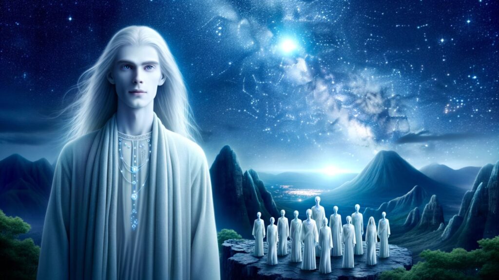 Photo of a serene mountaintop under a starry night sky. In the foreground, a group of Nordics, or Pleiadians, stand gracefully. They have tall, slender physiques, pale skin, and ethereal beauty with long flowing hair. Their eyes shimmer with a deep wisdom. Behind them, the constellation of the Pleiades glows prominently. The Nordics seem to be communicating telepathically, their expressions serene and knowing.