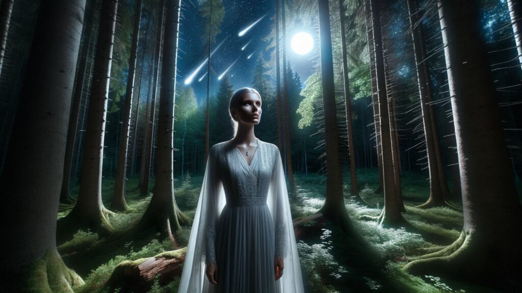 Photo of a tranquil forest glade bathed in moonlight. Emerging from the trees are the Nordics, their radiant forms contrasting with the dark woods. Their elegant attire reflects the light, making them appear almost luminous. Their facial features are refined, and they exude an aura of peace. Above, a celestial event with meteor showers emphasizes their cosmic connection.