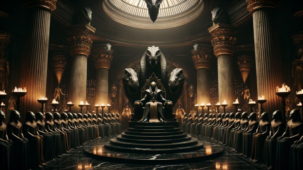 Photo of a grand throne room, dimly lit by torches. At the center sits a Reptilian king or queen on a throne made of obsidian and gold. They are surrounded by Reptilian guards and advisors, each exuding an aura of power and authority. The architecture and decorations of the room emphasize their long-lasting rule and influence over ancient civilizations.