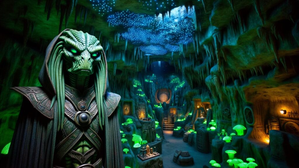 Photo of a vast underground cavern illuminated by bioluminescent fungi. Dominating the scene are the Reptilians, tall green-scaled creatures with intense, piercing eyes. They wear ornate armor and cloaks, signifying their regal status. Ancient carvings on the cavern walls hint at their long reign over the Earth. Various artifacts and symbols of power are displayed prominently, showcasing their dominance.