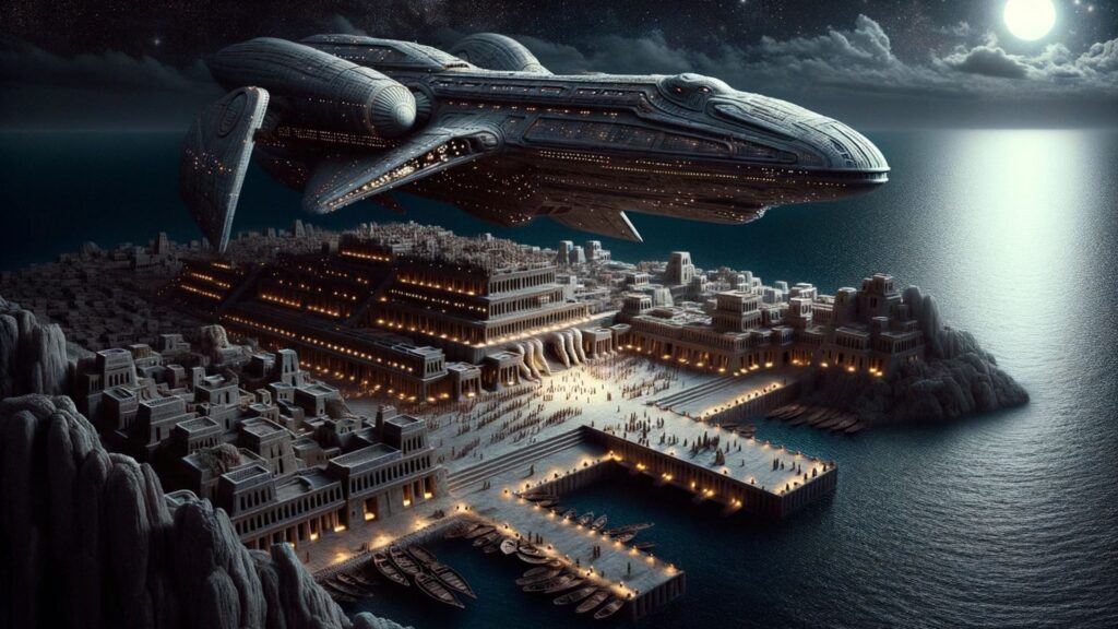 Photo of an ancient coastal city at night. The harbor is dominated by the presence of a massive Reptilian spaceship, floating just above the water. Its design is both majestic and intimidating. Reptilians are seen disembarking from the ship, meeting with local inhabitants. The city's architecture, with reptilian motifs, suggests their influence over the civilization.
