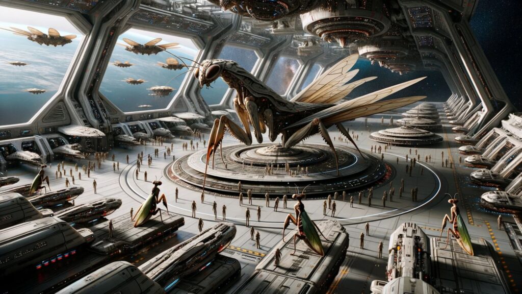 Photo of an advanced spaceship hangar, with various interstellar crafts docked. At the center is a ship with design elements resembling insect wings and carapace, indicative of the Mantis Beings. Several of these insectoid entities are seen around the ship, engaged in tasks or communicating with other beings. The hangar's ambiance is filled with a harmonious blend of technology and organic design.