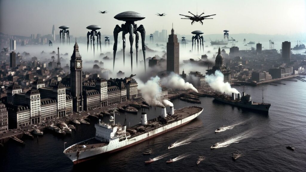 Photo of a coastal city, its iconic landmarks now in ruins due to the Martian invasion. The harbor is filled with smoke as ships attempt to evacuate civilians. The tripods, with their alien design, stand out against the backdrop of the city, releasing a noxious black gas. Military jets soar overhead, dropping bombs and engaging the invaders in a fierce aerial battle.