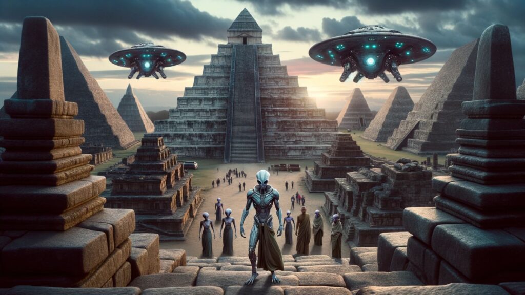 Photo of an ancient stone city, its majestic pyramids and temples standing tall against a twilight sky. In the city's center, a group of extraterrestrial beings, with advanced armor and technology, interact with the city's inhabitants. The aliens, with their unique and otherworldly appearances, provide a stark contrast to the ancient architecture around them.