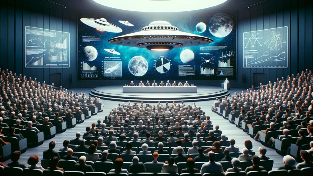 Ultrarealistic photo of a large, modern auditorium filled with a diverse audience of scientists, researchers, and enthusiasts. On the stage, a panel of renowned scientists sits behind a long table, engaged in a discussion. Projected behind them is an image of a classic flying saucer, juxtaposed with charts and graphs illustrating empirical data. The atmosphere is intense, reflecting the divide between anecdotal tales of extraterrestrial encounters and the demand for concrete scientific evidence.