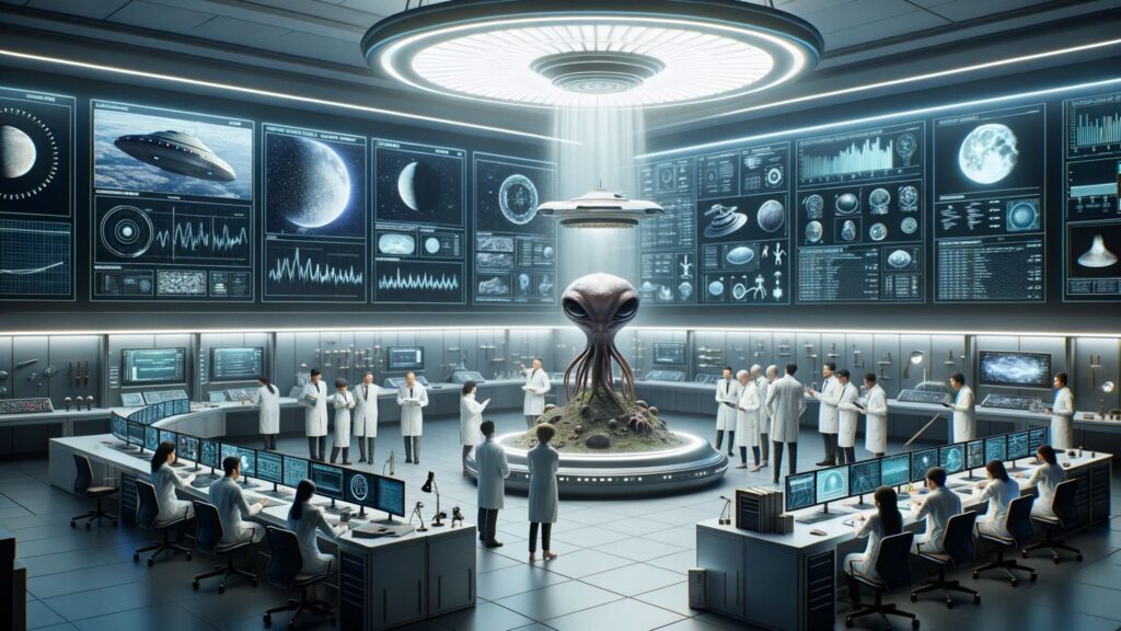 Ultrarealistic photo of a sophisticated laboratory setting, where a team of diverse scientists examines a supposed extraterrestrial artifact. Advanced equipment, monitors, and instruments surround the object, collecting data. On a nearby wall, a screen displays various reported alien sightings and encounters, while another screen showcases graphs and charts emphasizing the need for empirical evidence. The scene captures the delicate balance between curiosity and skepticism.