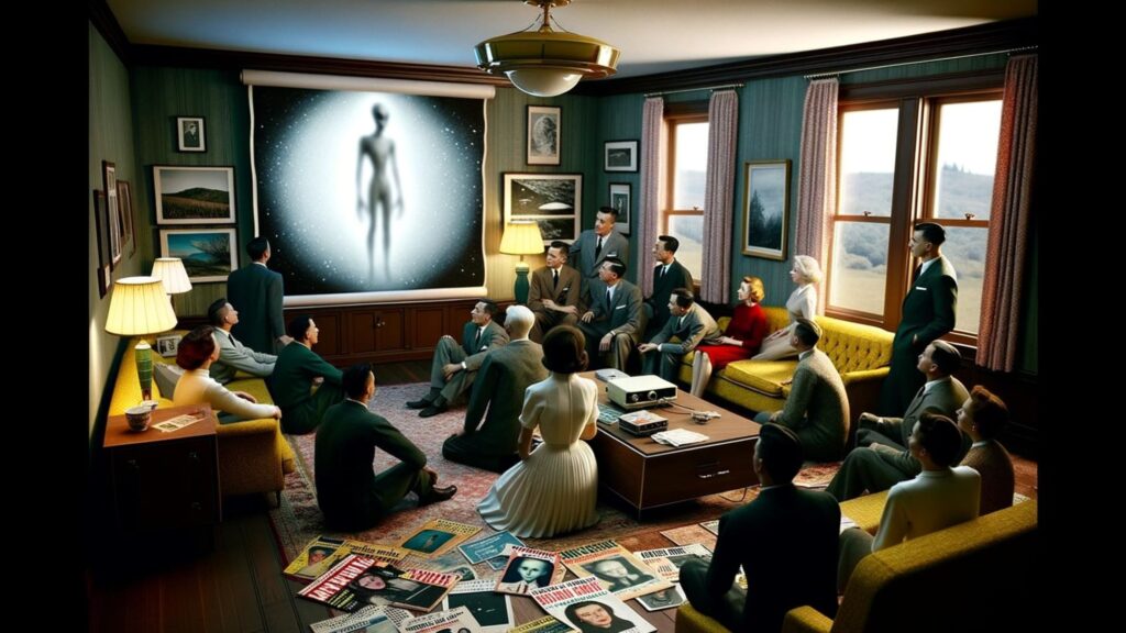 Ultrarealistic photo of a 1950s living room, where a group of individuals eagerly gather around a slide projector. On the wall, a projected image displays a blurry figure, purportedly a 'space being.' Some in the group gaze in awe, while others show skepticism. Scattered around the room are magazines and newspapers highlighting the 'Contactee' movement claims.