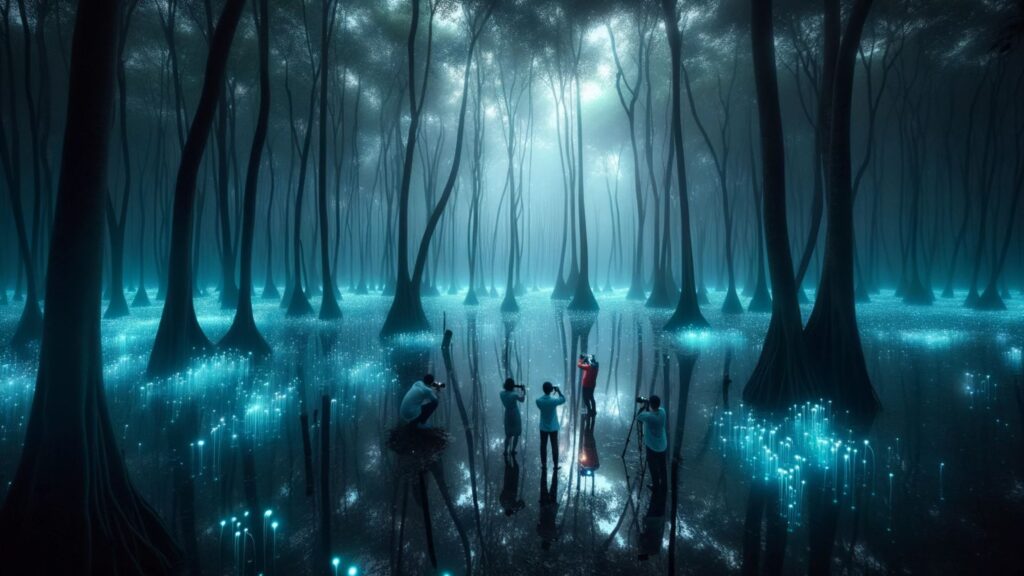 Ultrarealistic photo of a dense swamp at dusk, where bioluminescent gases rise, creating eerie lights that dance over the water. A group of individuals stands at the edge, pointing and capturing the phenomenon with cameras, mistaking it for an extraterrestrial presence. The reflection of the lights on the water enhances the otherworldly ambiance.