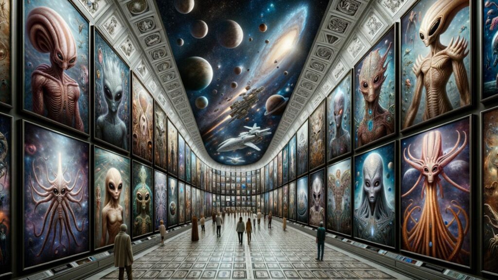 Ultrarealistic photo of an intergalactic museum gallery. The walls are adorned with intricate portraits of alien species from different eras and galaxies. Each portrait tells a story, capturing the essence and culture of the depicted species. Visitors, both human and alien, wander through the gallery, absorbing the knowledge and history of extraterrestrial civilizations.