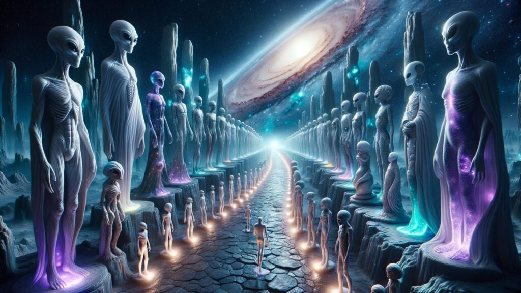 Ultrarealistic photo of a serene alien planet, where statues representing various alien species from different time periods stand tall. These statues are carved from cosmic materials, each glowing with an inner light. They form a path, leading observers on a journey through the evolution of extraterrestrial life. The scene emphasizes the interconnectedness of life in the universe.