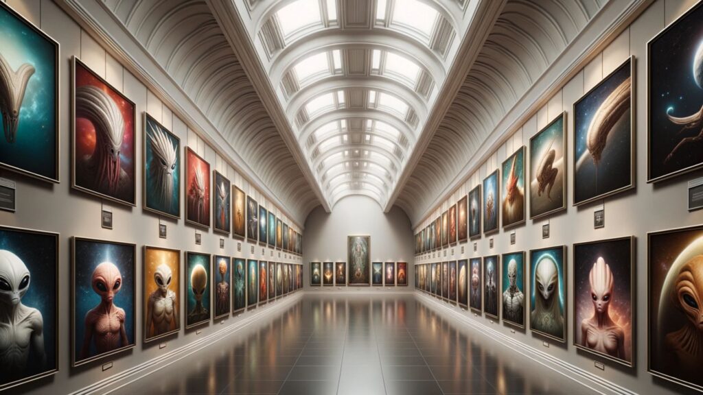 Ultrarealistic photo of a spacious gallery with soaring ceilings and soft ambient lighting that casts gentle shadows. The walls, painted in a neutral hue, are adorned with exquisitely detailed and colorful portraits of diverse alien species. Each portrait, framed elegantly, showcases an alien being from a distinct era and galaxy. The meticulous detail in each artwork captures the unique physical features, deep emotions, and cultural intricacies of the depicted species. The atmosphere of the gallery is serene, inviting observers to immerse themselves in the rich tapestry of interstellar life.