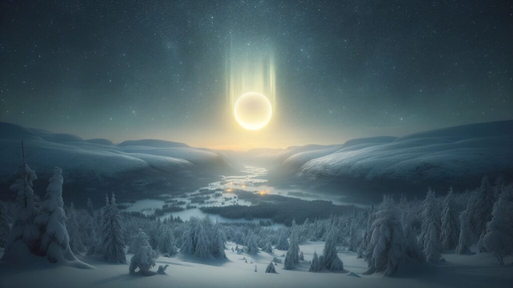 Photo of a sprawling snowy valley in Norway under the canopy of a star-filled night sky. The gleaming snow and icy trees create a picturesque winter landscape. Suspended gently above this frosty panorama is an extremely small, luminous elliptical object.
