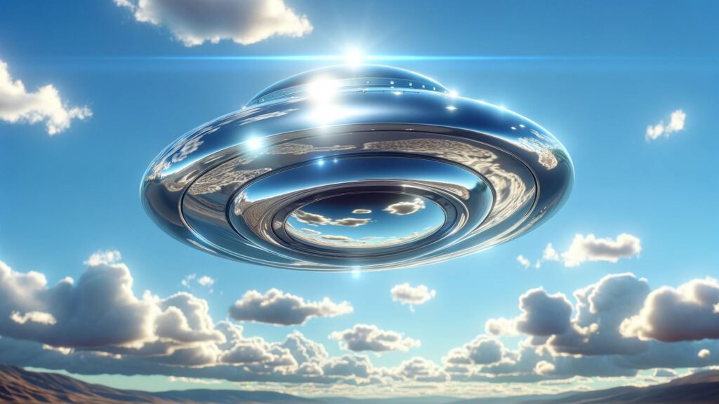 a photorealistic image of a sleek, metallic UFO with a highly reflective surface, set against a clear blue sky with scattered clouds.
