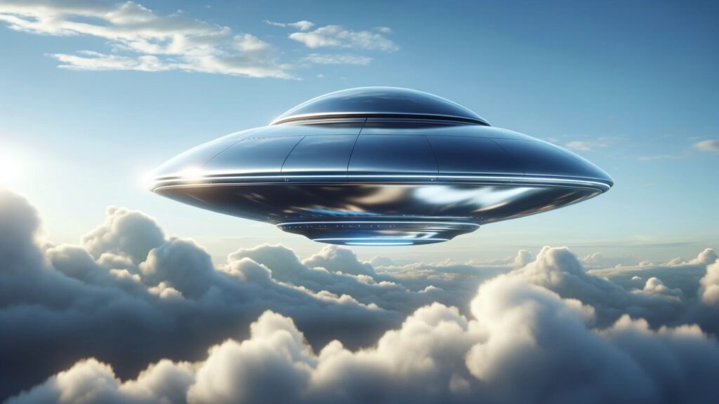a photorealistic image of a sleek, seamless metallic UFO with an impeccably smooth surface. The craft is soaring through a sky that is a brilliant blue, interspersed with soft, billowy clouds.