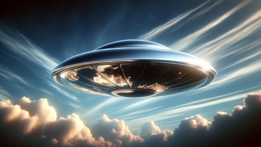 a photorealistic depiction of a highly polished, smooth metallic UFO gliding through a sky streaked with shades of blue and interspersed with delicate clouds.