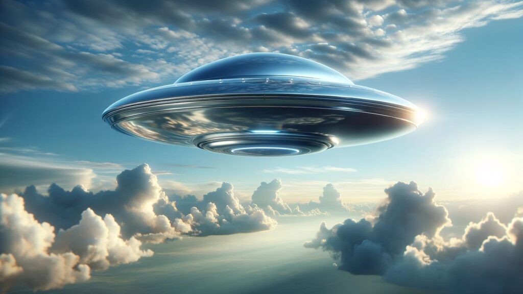 a photorealistic image of an impeccably smooth, metallic UFO that gleams under the sunlight, flying through a tranquil sky filled with various tones of blue and scattered clouds.
