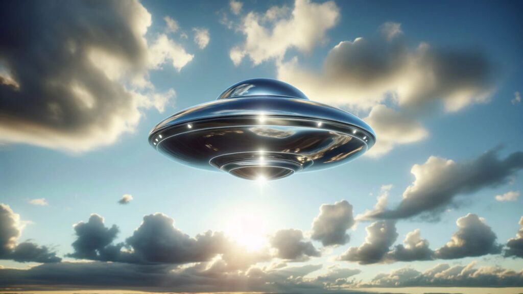 A metallic UFO in the sky.