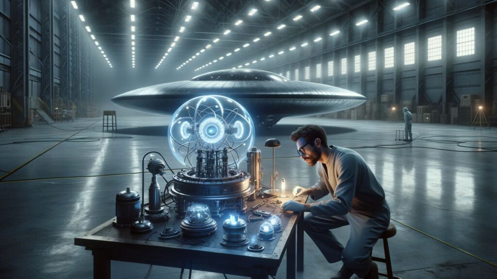 Illustrate a scene where a scientist is working on an intricate alien propulsion system with antimatter reactors and gravitational field generators, inspired by Bob Lazar's claims.