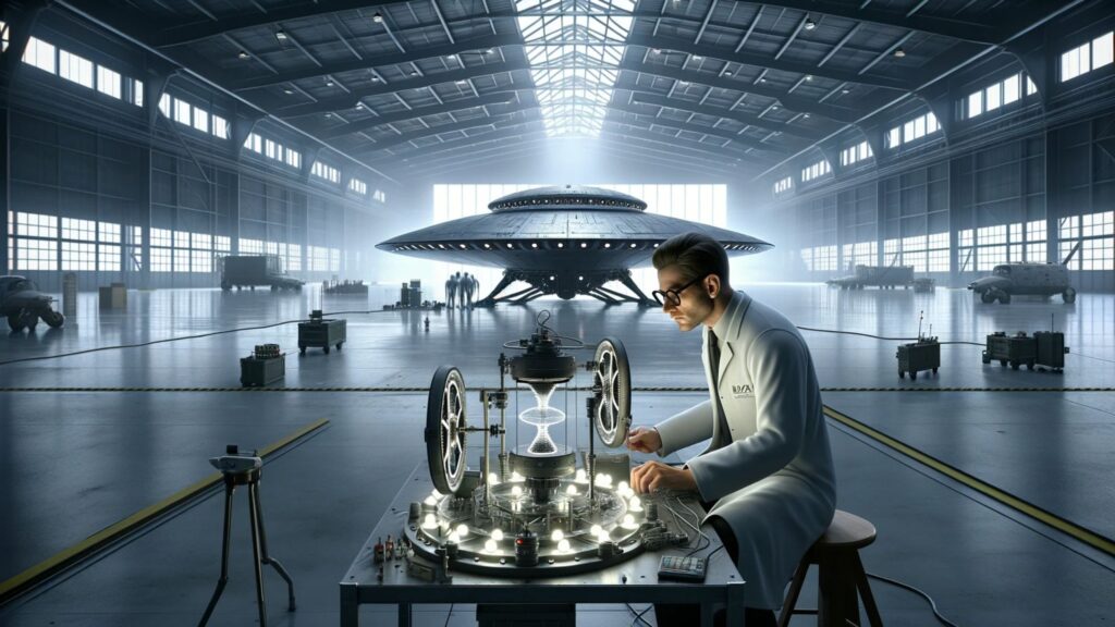 hangar, a scientist resembling Bob Lazar, identified as a Caucasian male with glasses and a clean-shaven face, is working on a complex alien propulsion system on a solitary table.