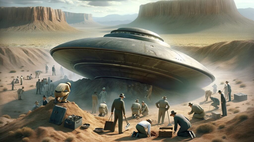 a 1947 archaeological dig at a UFO crash site, featuring a larger saucer. The scene shows military and scientific personnel meticulously examining a large, partially buried, crashed UFO in a remote, desert-like landscape.