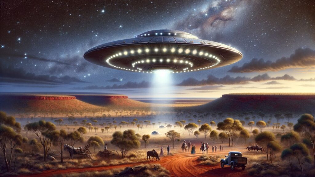 The Genesis of Project 1947. A realistic and detailed depiction of a metallic UFO sighting in the Australian Outback. 