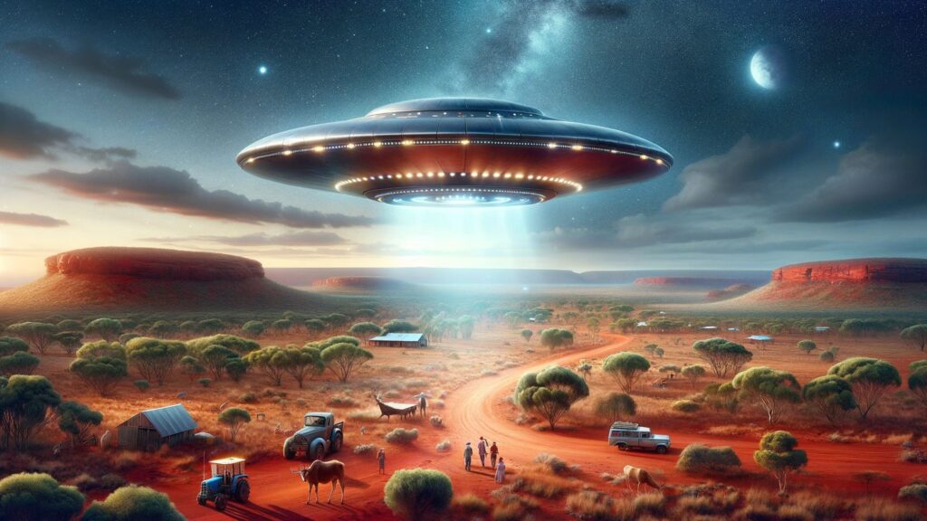 UFO records within the Australian Government archives involved navigating a labyrinth of terminology. A realistic and detailed depiction of a metallic UFO sighting in the Australian Outback.