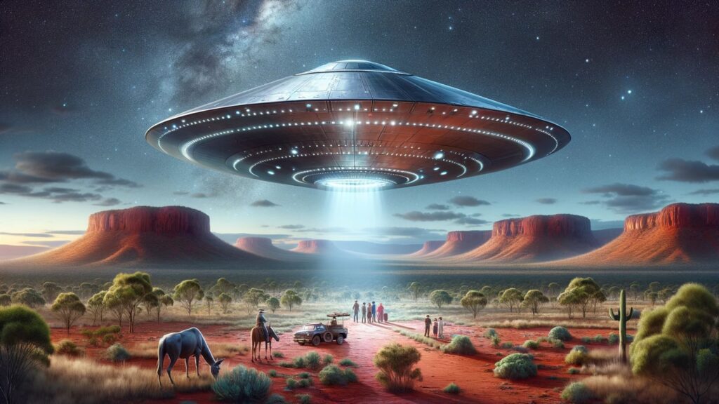 A detailed depiction of a triangular metallic UFO sighting in the Australian Outback.