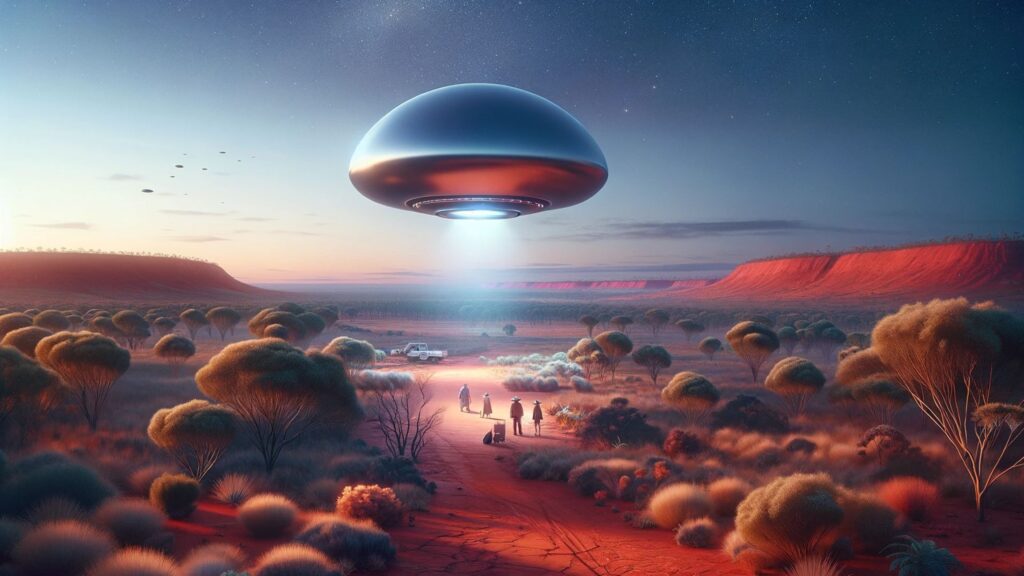 A realistic and detailed depiction of a small UFO or orb sighting in the Australian Outback. The scene shows a serene landscape with red soil and sparse vegetation under a twilight sky.