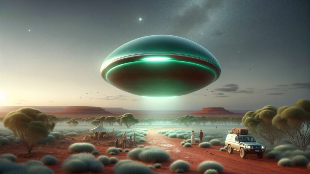 A realistic and detailed depiction of a small UFO or orb sighting in the Australian Outback, featuring a greenish, matte-colored surface.