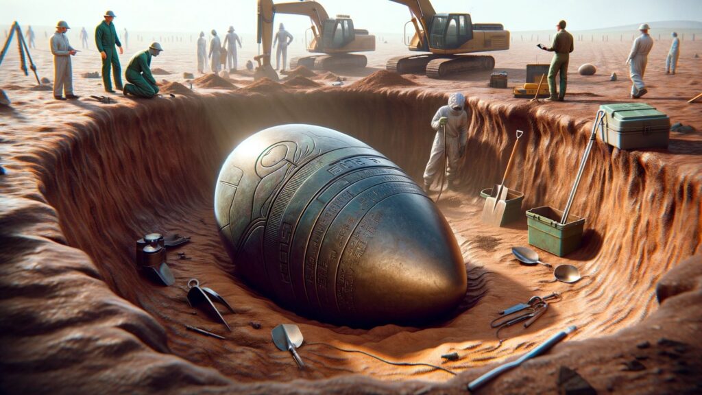 A photorealistic image of a buried alien egg-shaped probe in an archaeological dig site. The probe is partially unearthed, revealing its smooth, metallic surface with alien inscriptions.